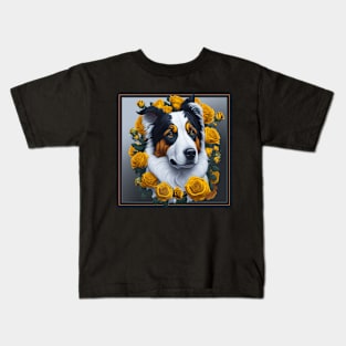 Australian Shepherd yellow roses 2 Kids T-Shirt